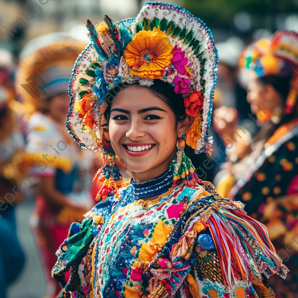 Traditional dancers performing at a spring festival in a decorated street - Image 2