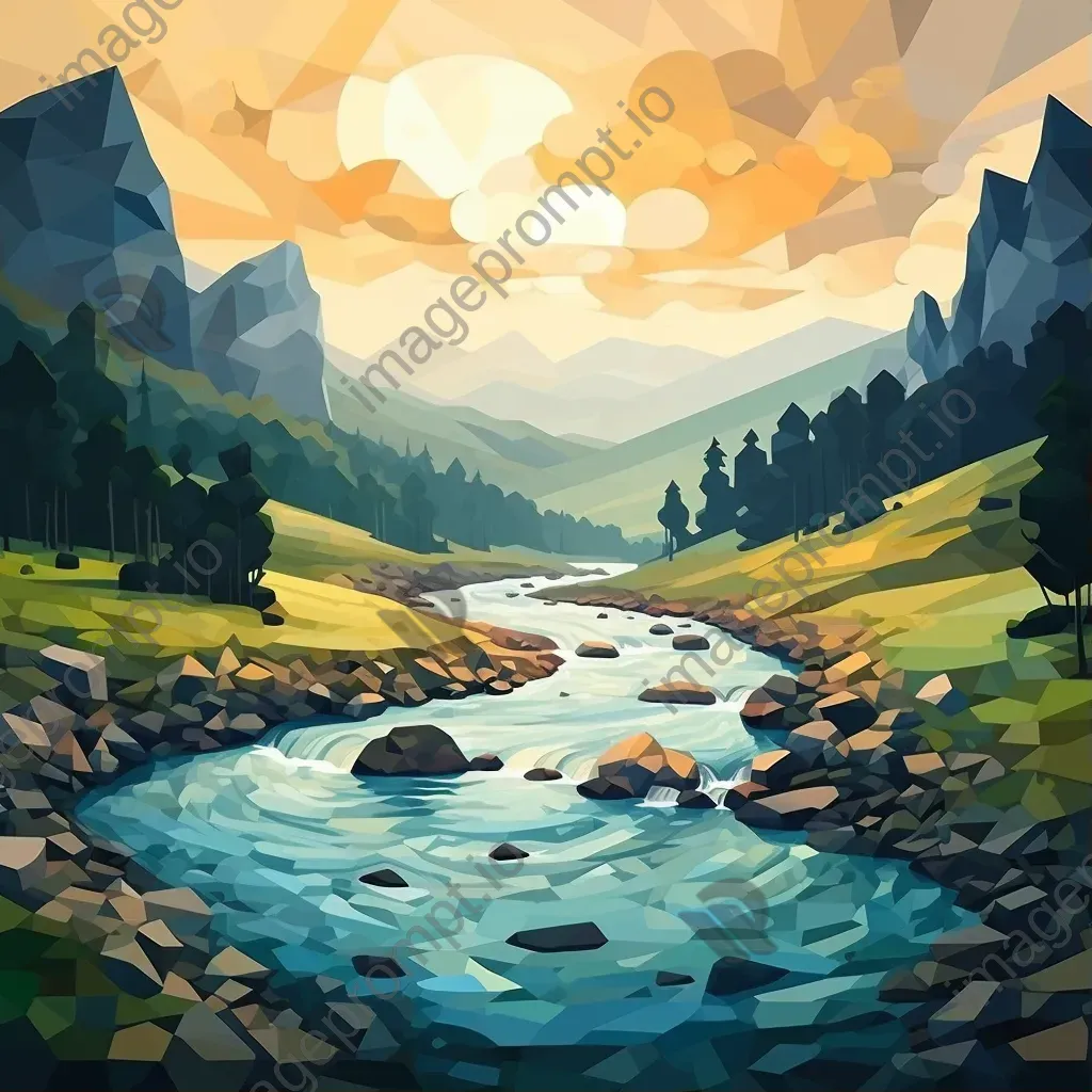 Low poly depiction of a winding river through forested hills - Image 1