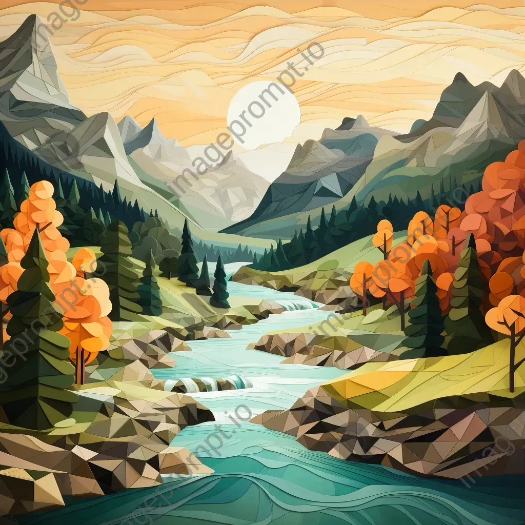 Low poly depiction of a winding river through forested hills - Image 3