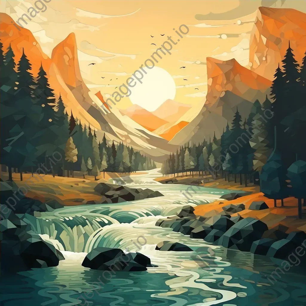 Low poly depiction of a winding river through forested hills - Image 4