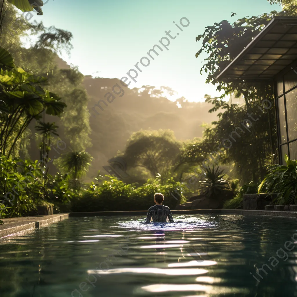 Person swimming alone in an outdoor pool during morning - Image 1