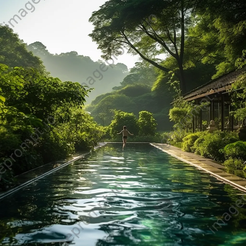 Person swimming alone in an outdoor pool during morning - Image 2