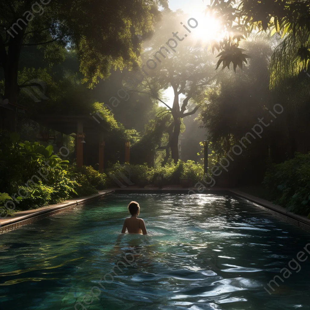 Person swimming alone in an outdoor pool during morning - Image 4