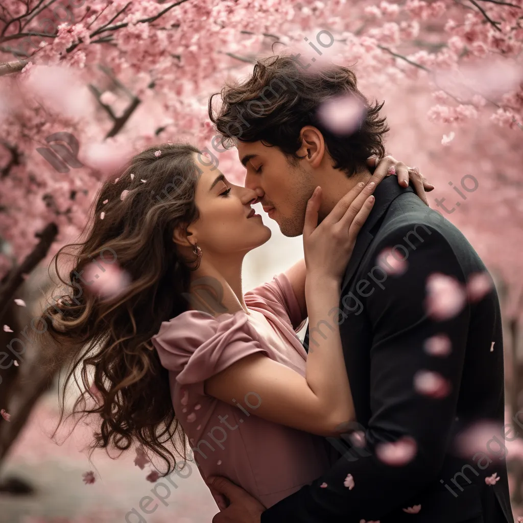 Couple enjoying time together under cherry blossom trees - Image 1