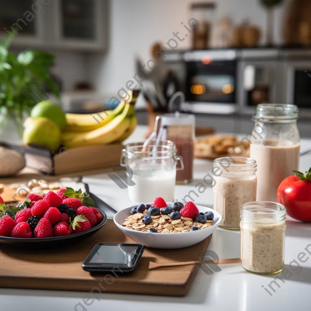 Healthy breakfast with fruits and oats next to a smartphone showing a nutrition app - Image 1