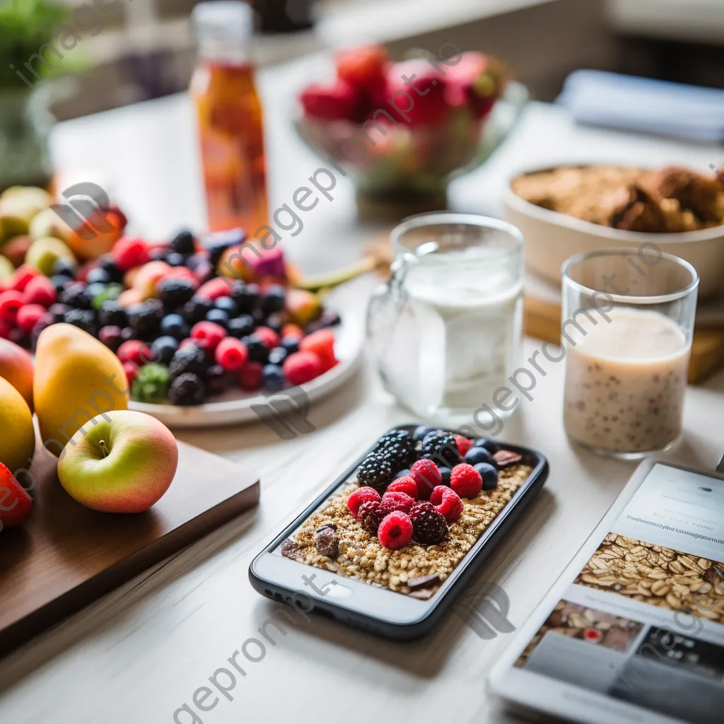 Healthy breakfast with fruits and oats next to a smartphone showing a nutrition app - Image 2