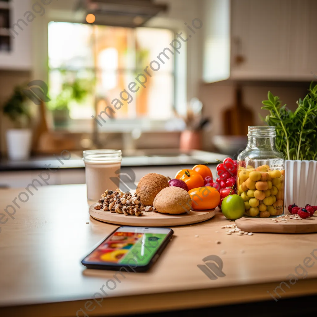 Healthy breakfast with fruits and oats next to a smartphone showing a nutrition app - Image 3