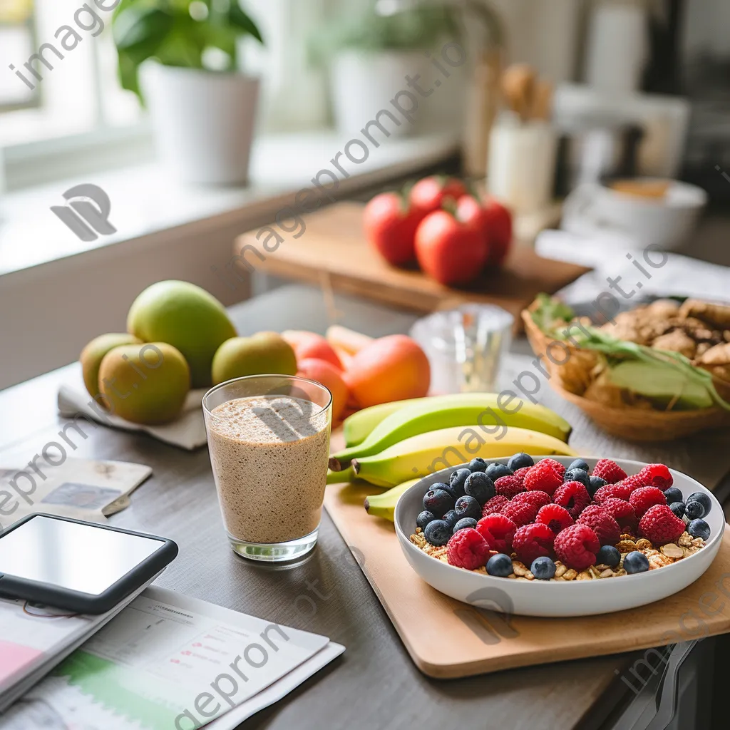 Healthy breakfast with fruits and oats next to a smartphone showing a nutrition app - Image 4