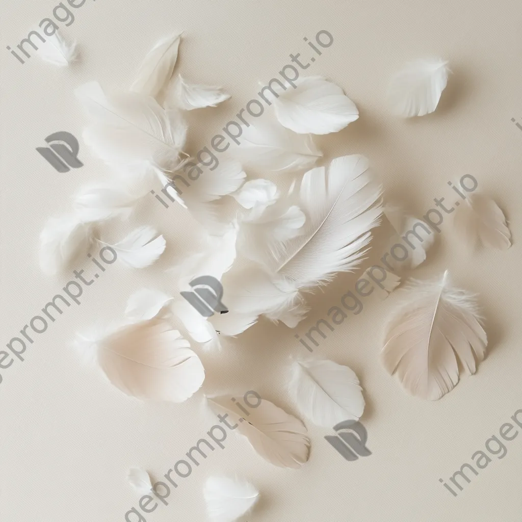 White and beige feathers scattered on a pale background. - Image 1