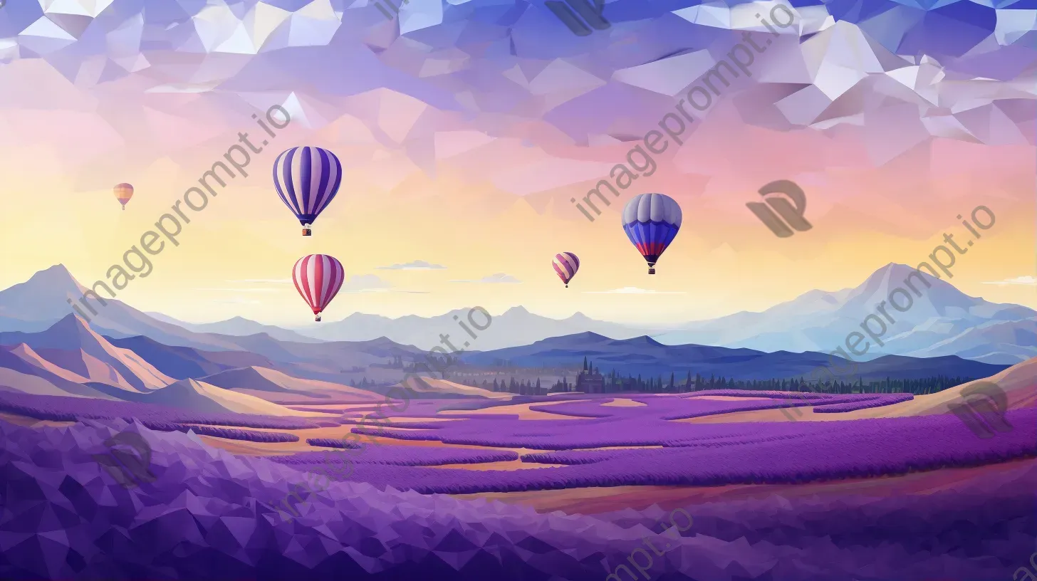 Low poly hot air balloons floating over vibrant lavender fields - Image 1