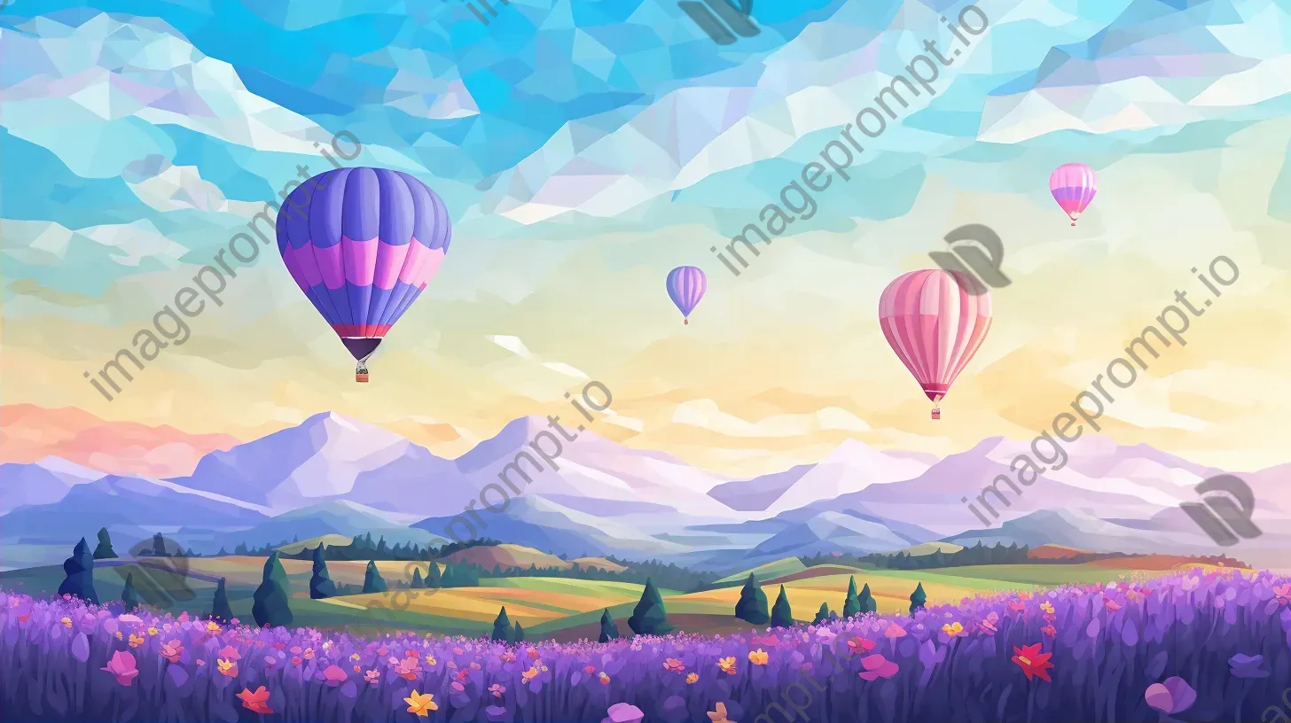 Low poly hot air balloons floating over vibrant lavender fields - Image 2