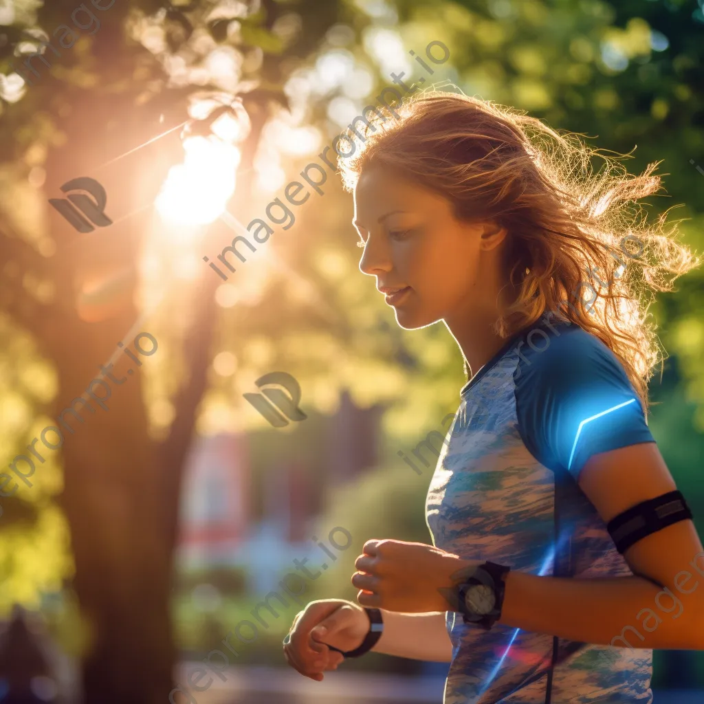 Woman jogging in park while checking smartwatch for fitness data - Image 1