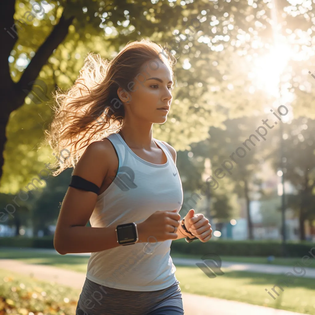 Woman jogging in park while checking smartwatch for fitness data - Image 2