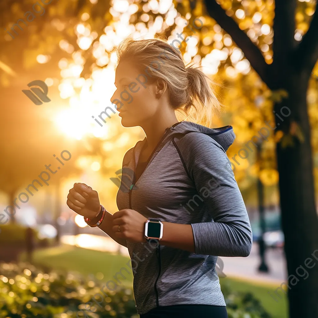 Woman jogging in park while checking smartwatch for fitness data - Image 3