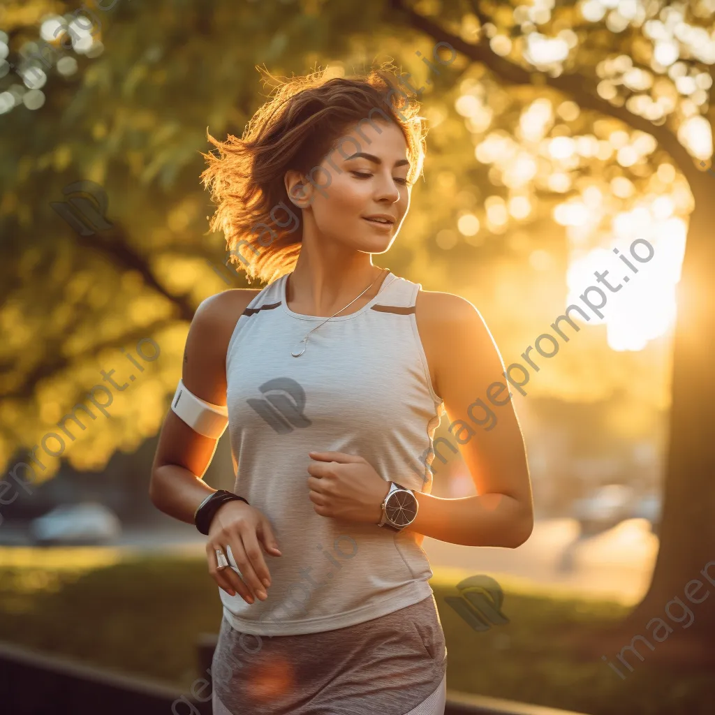 Woman jogging in park while checking smartwatch for fitness data - Image 4