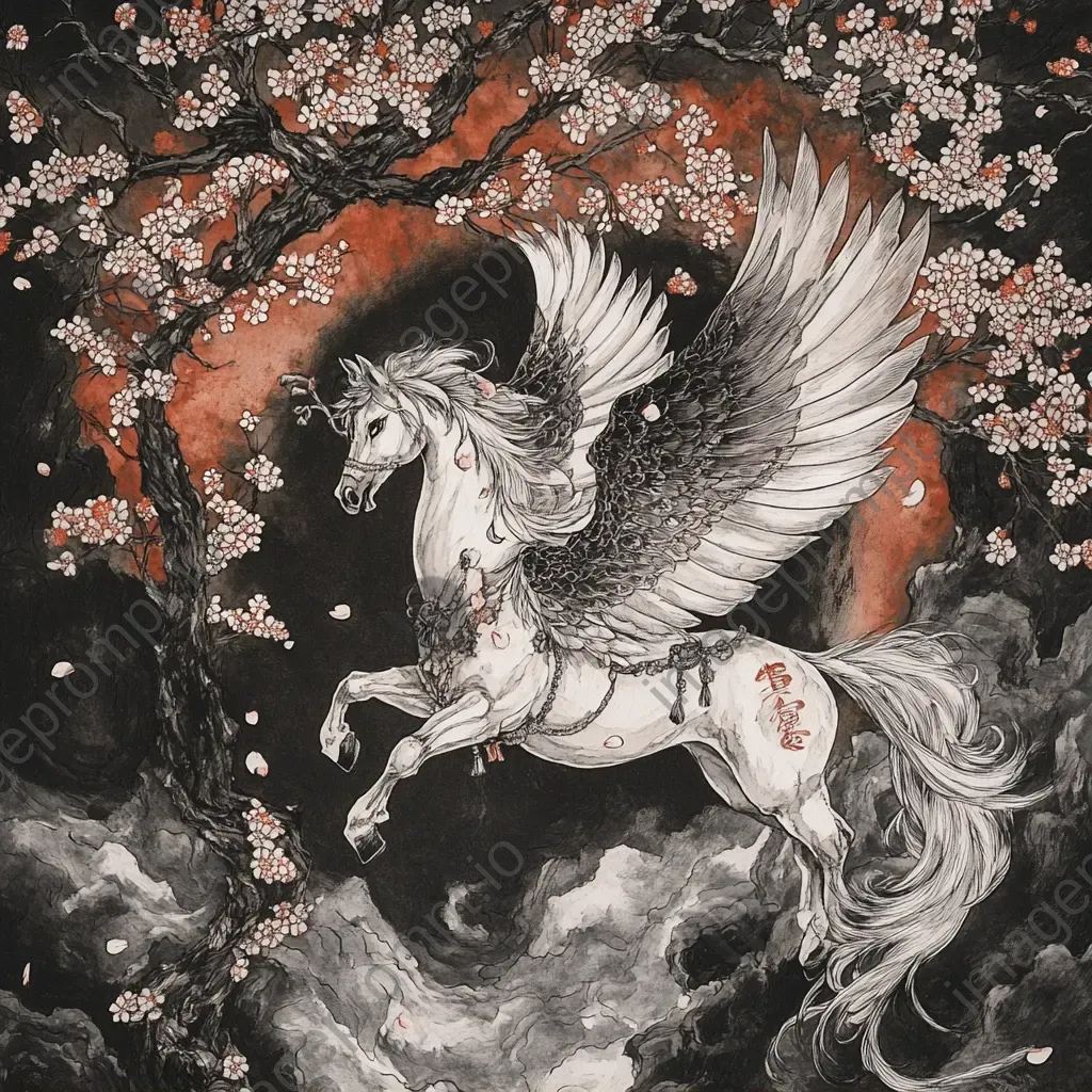 Mythical Pegasus in traditional Japanese ink painting with blossoming cherry trees - Image 1