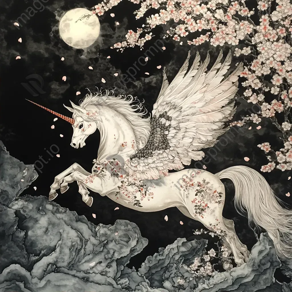 Mythical Pegasus in traditional Japanese ink painting with blossoming cherry trees - Image 2