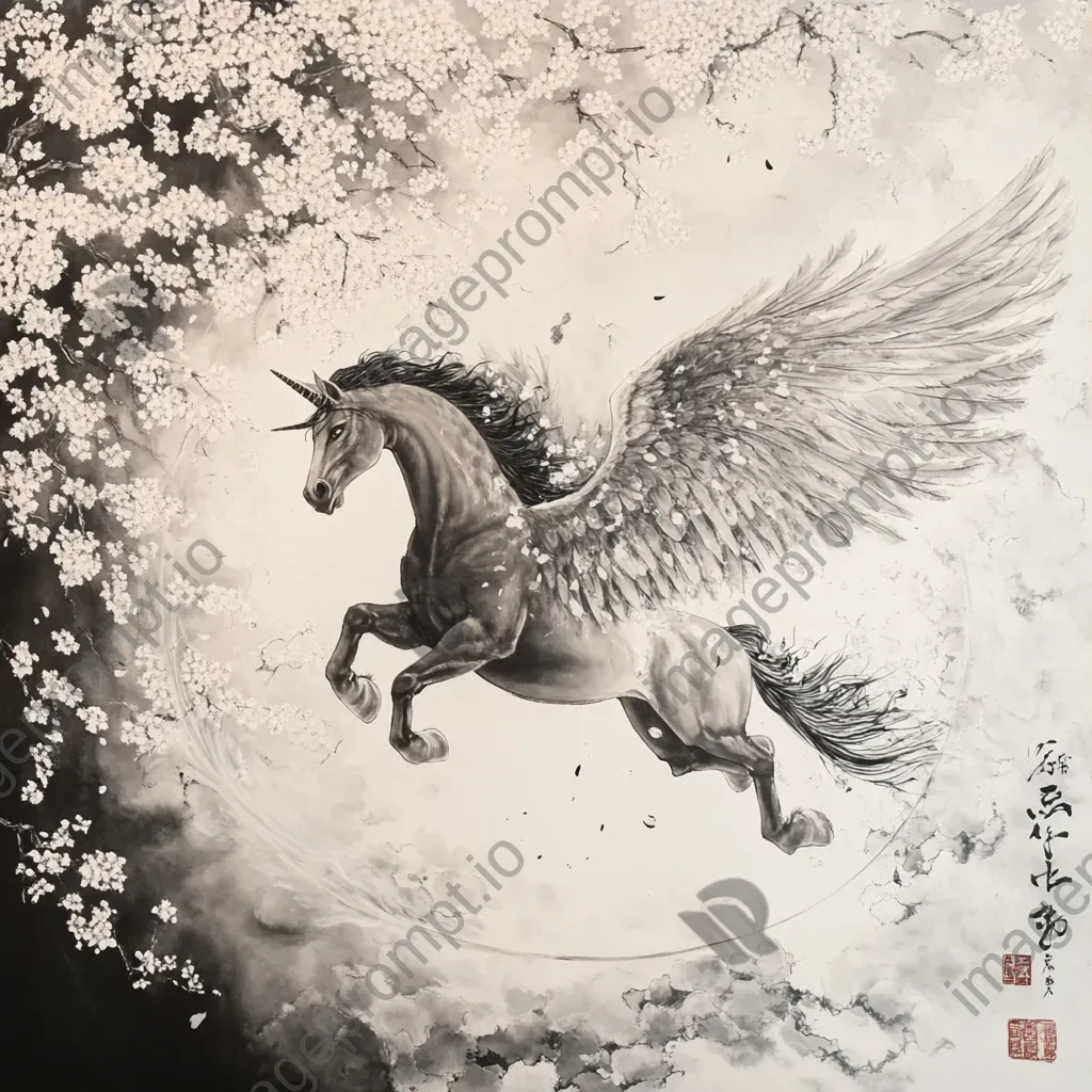 Mythical Pegasus in traditional Japanese ink painting with blossoming cherry trees - Image 3