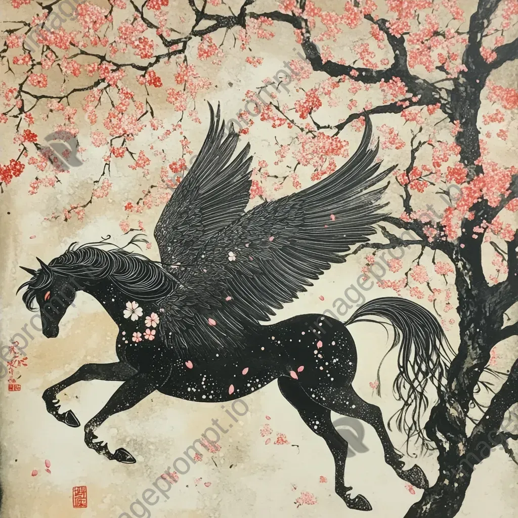 Mythical Pegasus in traditional Japanese ink painting with blossoming cherry trees - Image 4