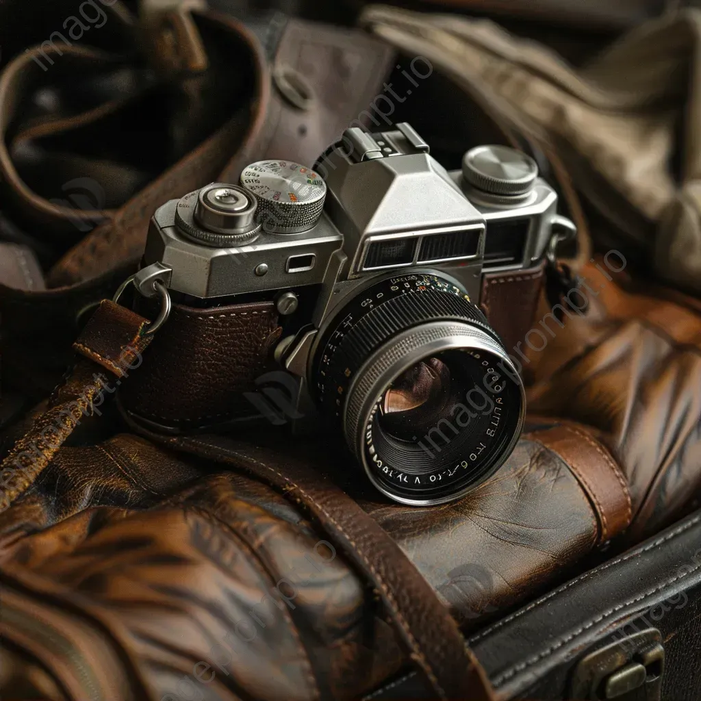 Vintage film camera on leather surface - Image 2