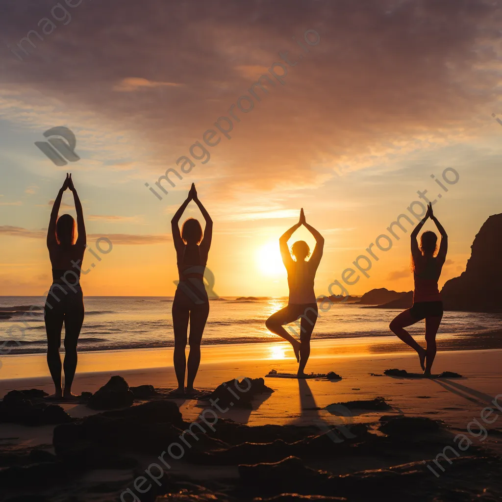 Group of diverse individuals practicing yoga on beach at sunset. - Image 1