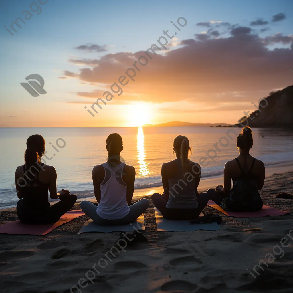 Group of diverse individuals practicing yoga on beach at sunset. - Image 2