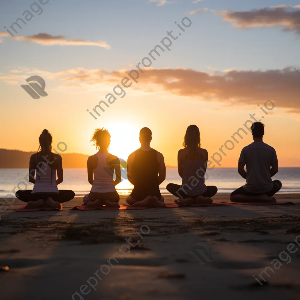 Group of diverse individuals practicing yoga on beach at sunset. - Image 3