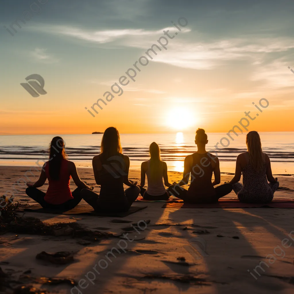 Group of diverse individuals practicing yoga on beach at sunset. - Image 4