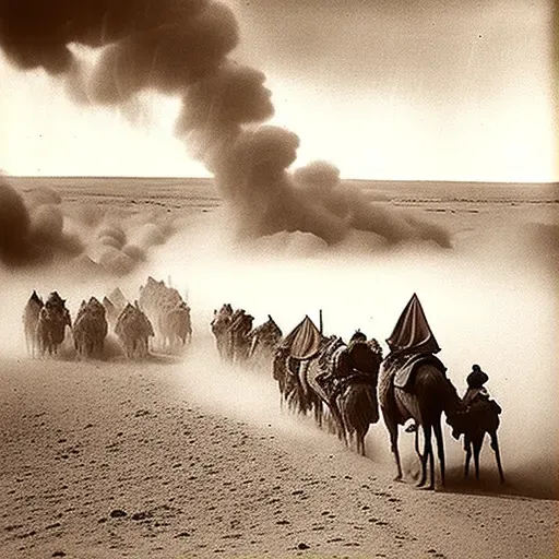 Sandstorm in desert with caravan of camels - Image 1