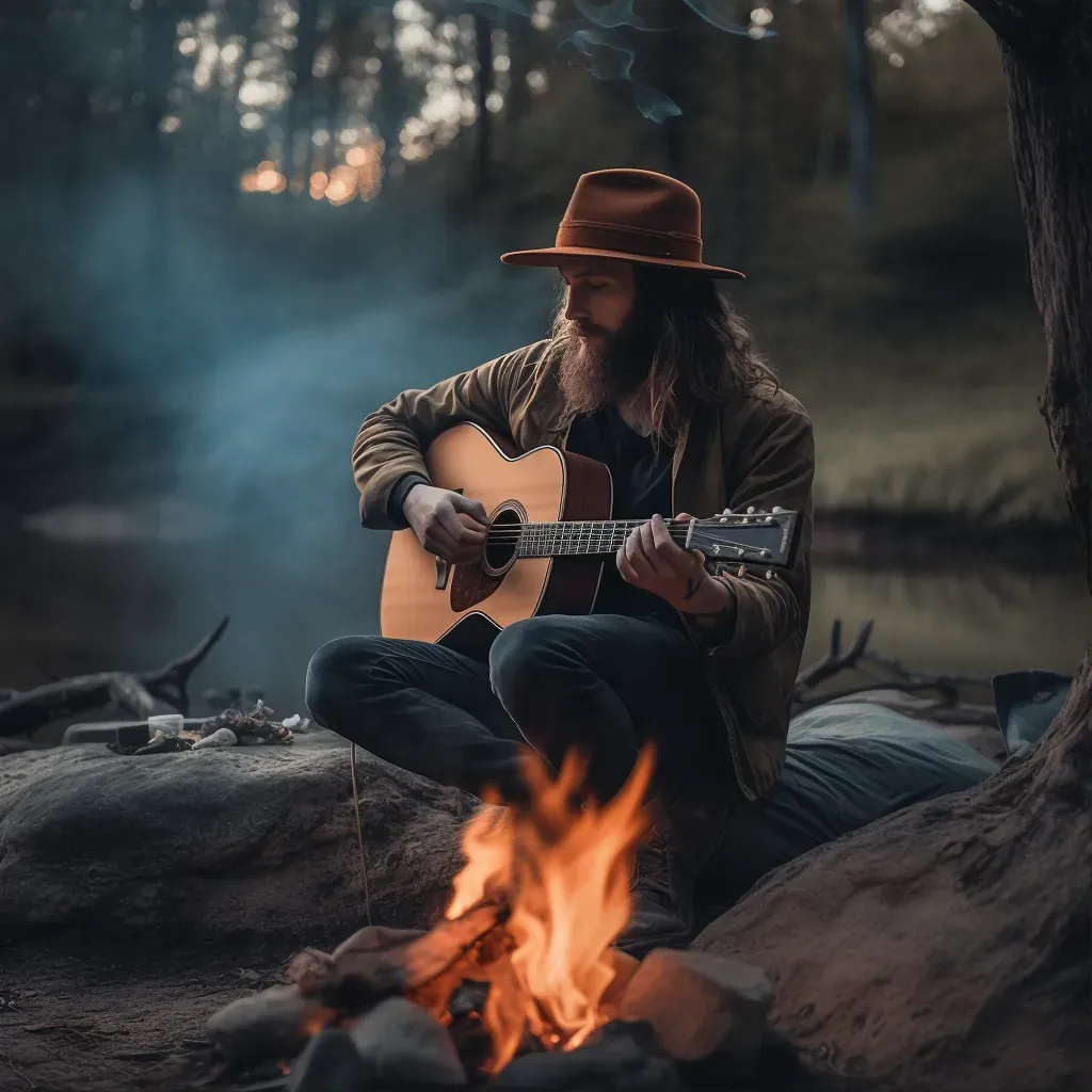 A man playing guitar by a campfire in the wilderness - Image 1