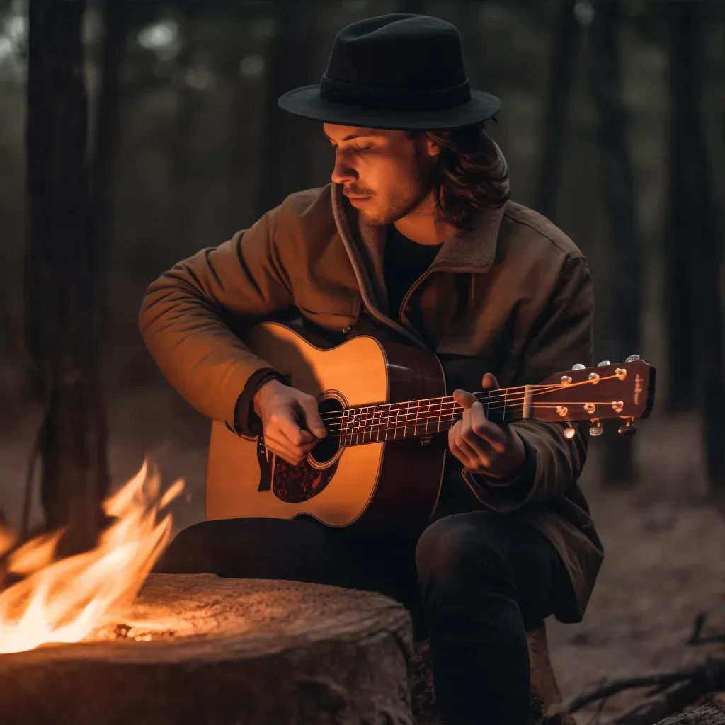 A man playing guitar by a campfire in the wilderness - Image 3