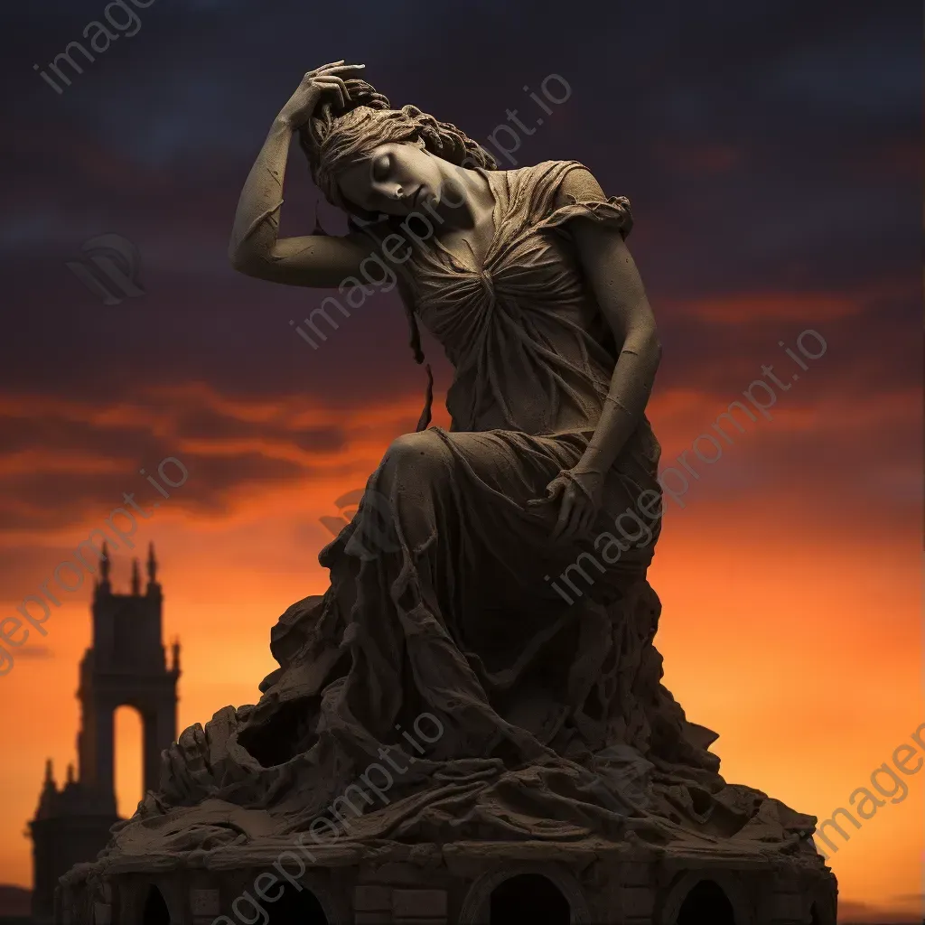 Neo-classical style memorial statue in war-ravaged city during twilight - Image 1