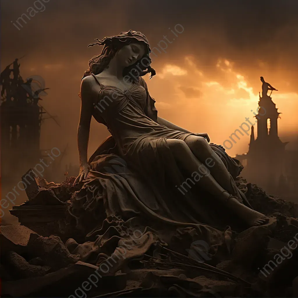 Neo-classical style memorial statue in war-ravaged city during twilight - Image 2