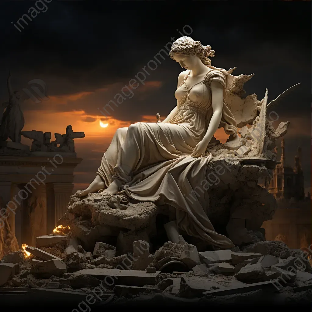 Neo-classical style memorial statue in war-ravaged city during twilight - Image 3