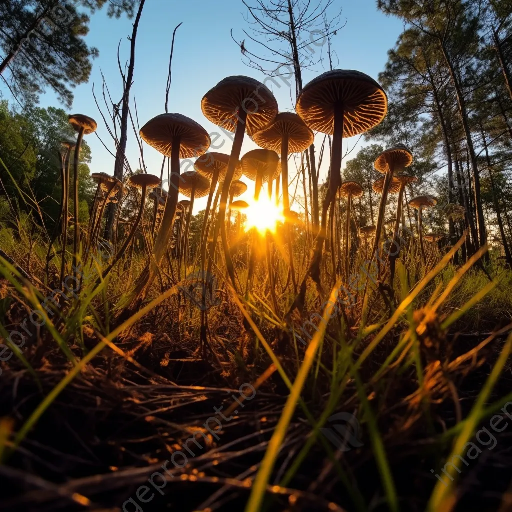 Woodland mushrooms silhouetted against a sunset - Image 1