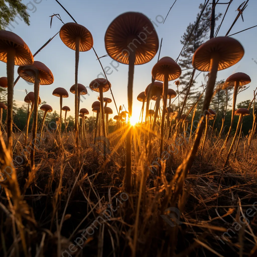 Woodland mushrooms silhouetted against a sunset - Image 2