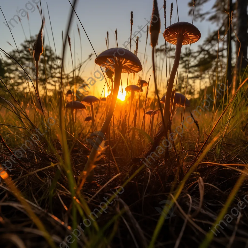 Woodland mushrooms silhouetted against a sunset - Image 4