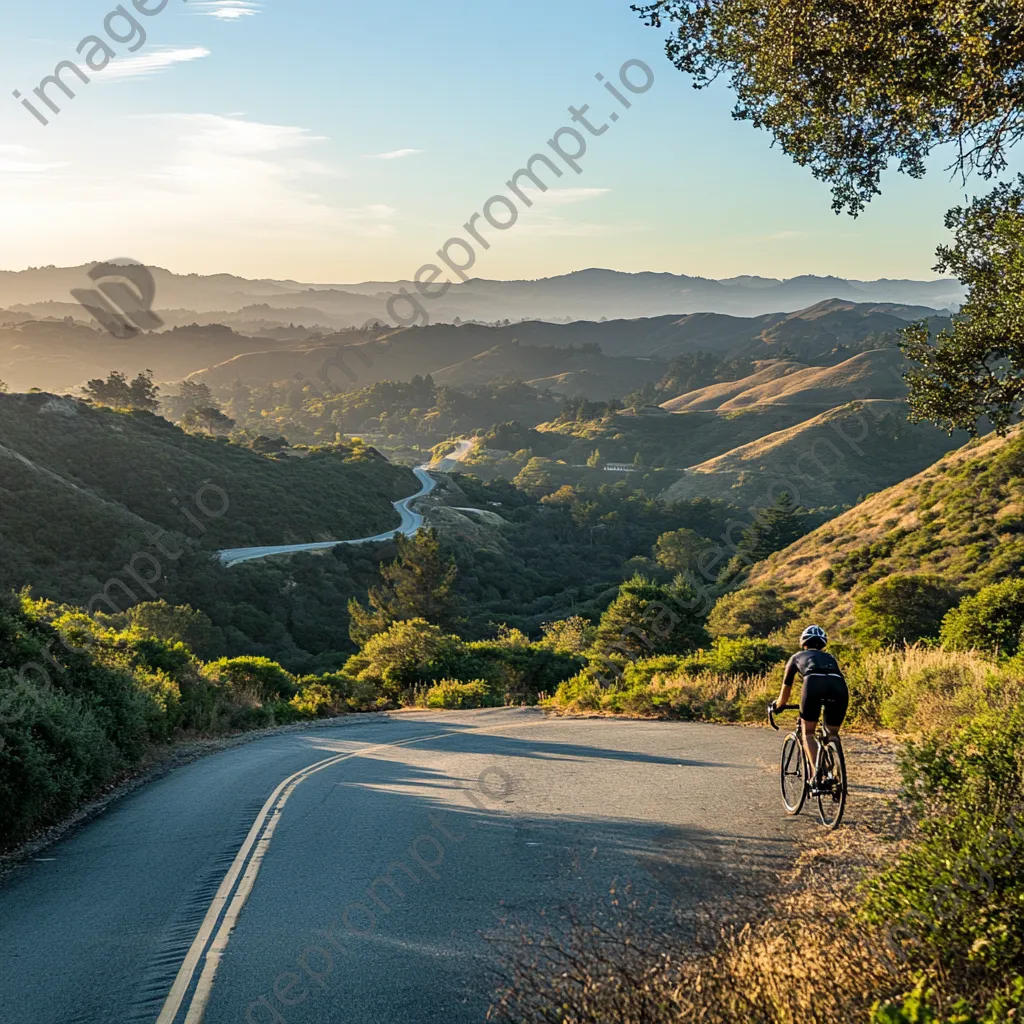 Cyclist pausing at a scenic overlook with lush hills - Image 1