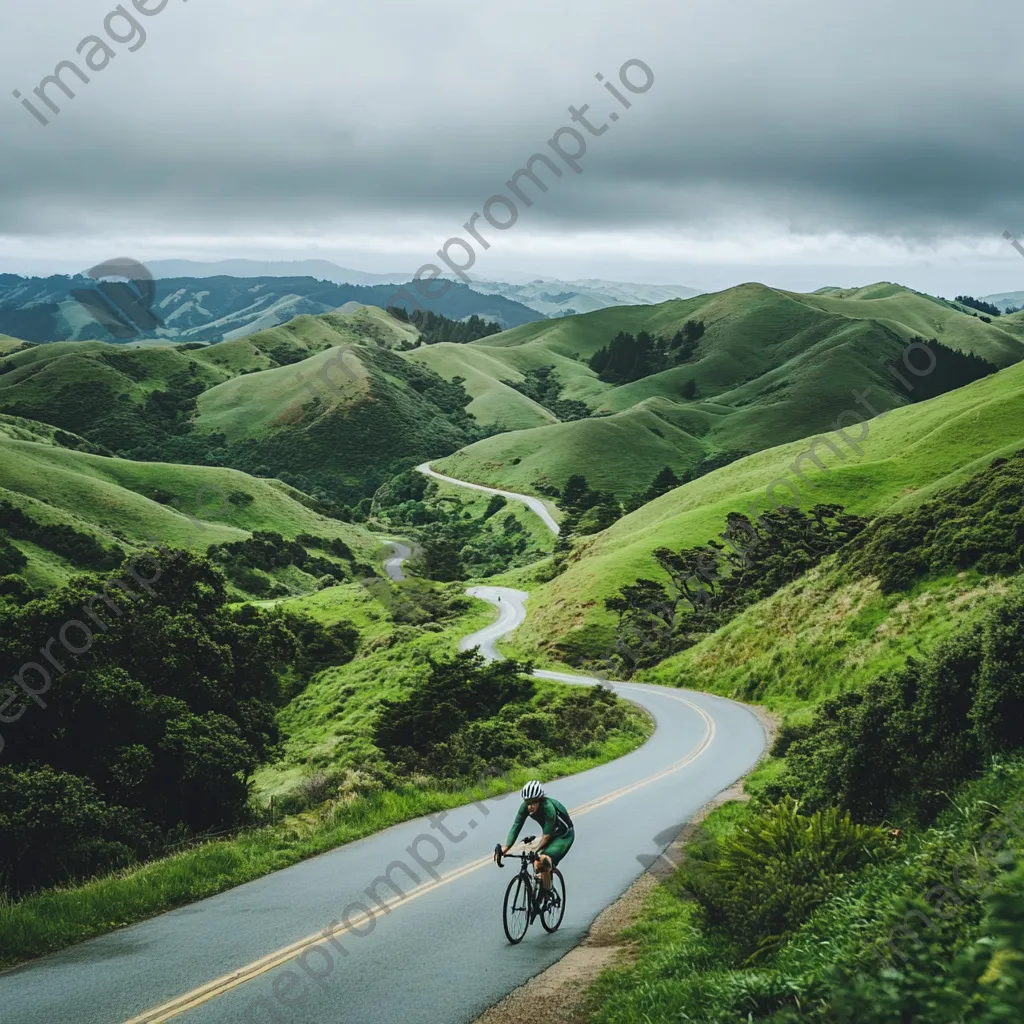 Cyclist pausing at a scenic overlook with lush hills - Image 3