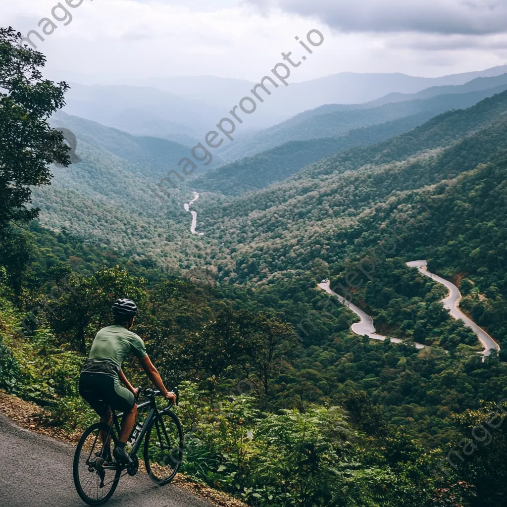 Cyclist pausing at a scenic overlook with lush hills - Image 4