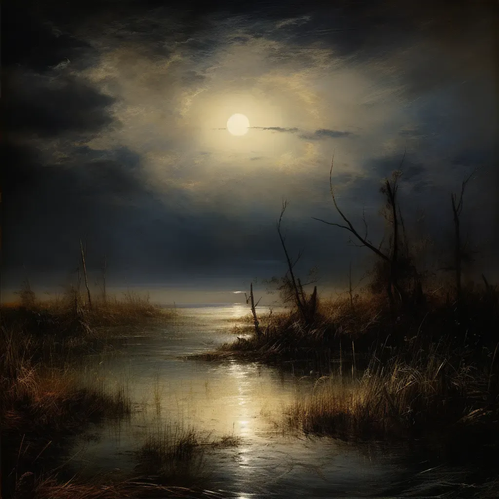 Moonlit Marsh with Fireflies and Gliding Swans