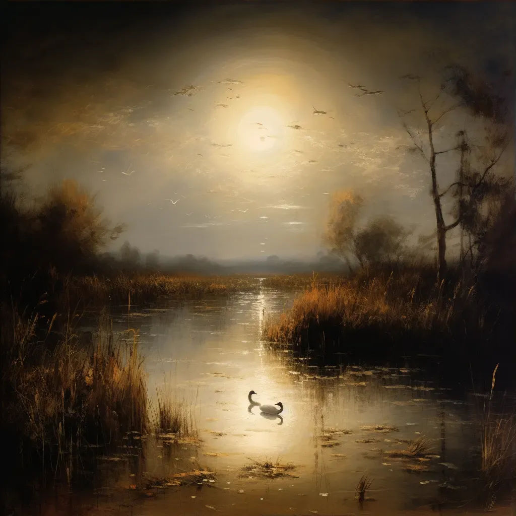 Tranquil marsh at night with fireflies and swans on the water - Image 3