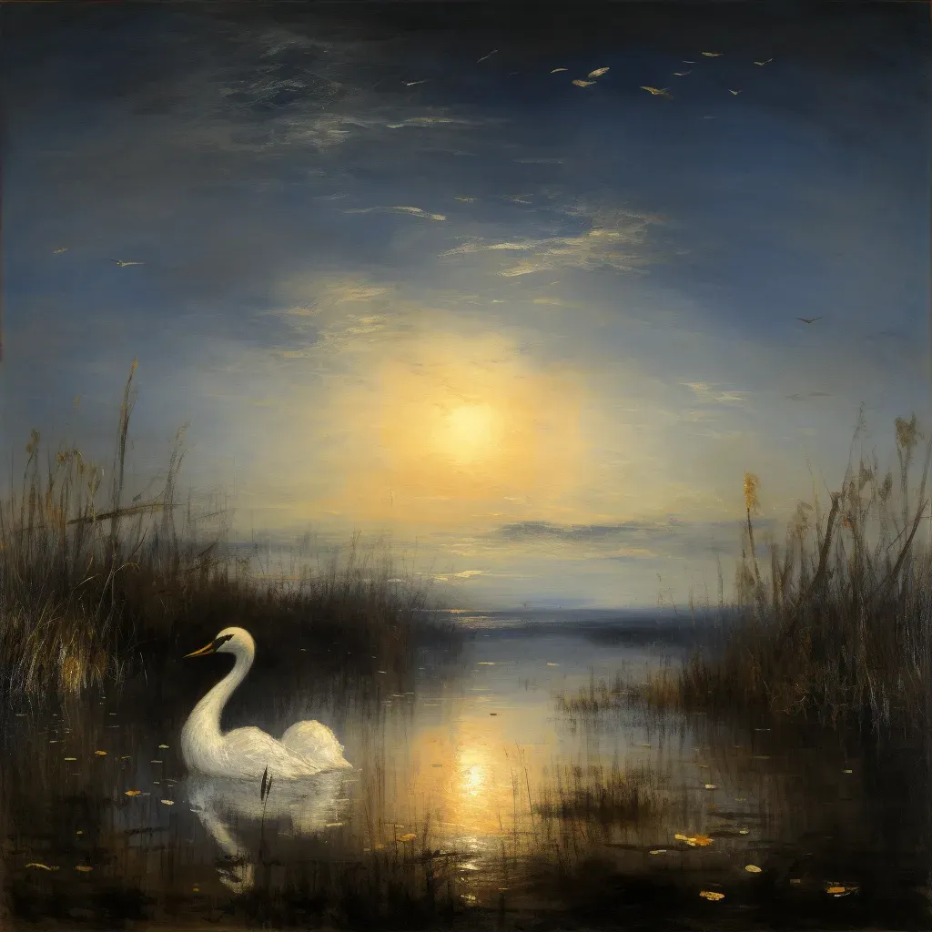 Tranquil marsh at night with fireflies and swans on the water - Image 4