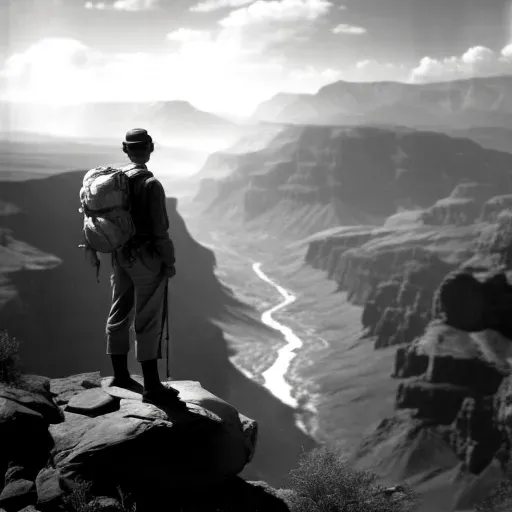 Image showing a lone backpacker at the edge of a cliff overlooking a vast canyon - Image 1