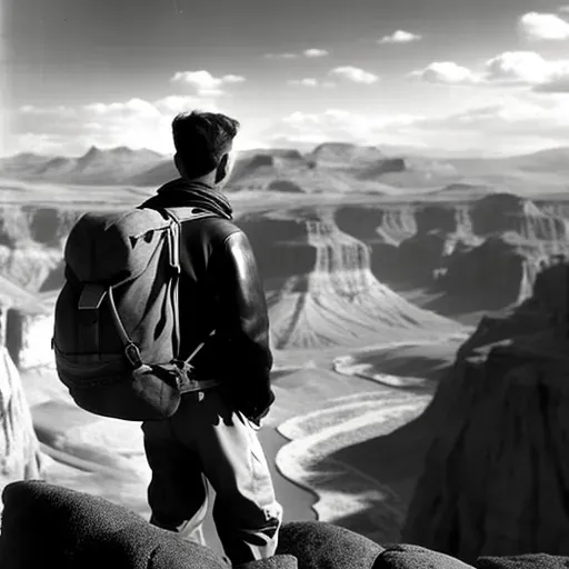 Image showing a lone backpacker at the edge of a cliff overlooking a vast canyon - Image 3