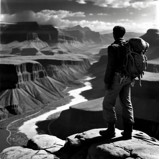 Image showing a lone backpacker at the edge of a cliff overlooking a vast canyon - Image 4