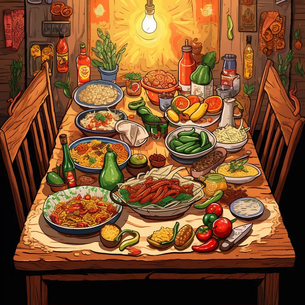 Image of a fusion of Mexican, Thai, and Greek cuisines on a dinner table - Image 1