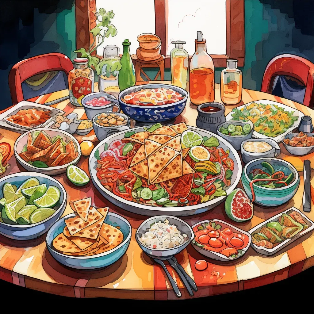 Image of a fusion of Mexican, Thai, and Greek cuisines on a dinner table - Image 4