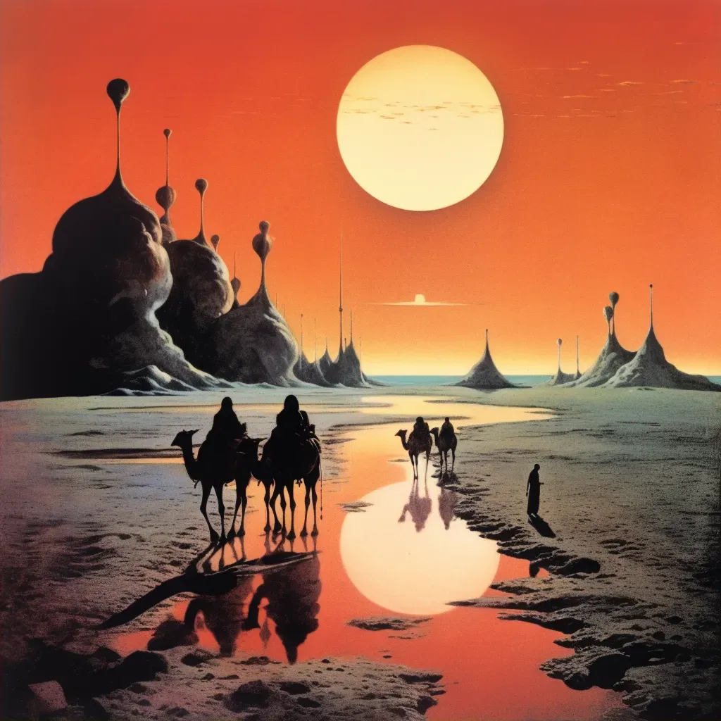 Sunset caravan crossing sandy ocean desert landscape - Image 2