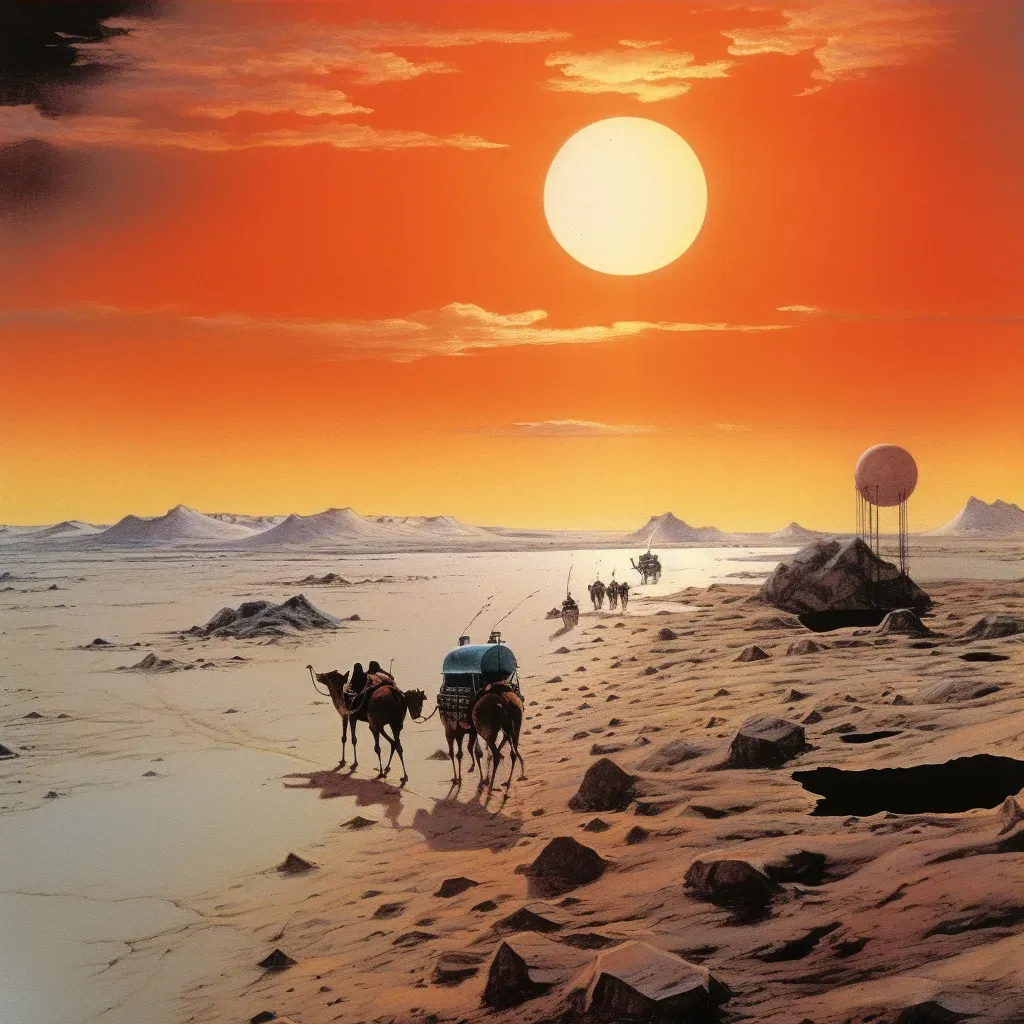 Sunset caravan crossing sandy ocean desert landscape - Image 3